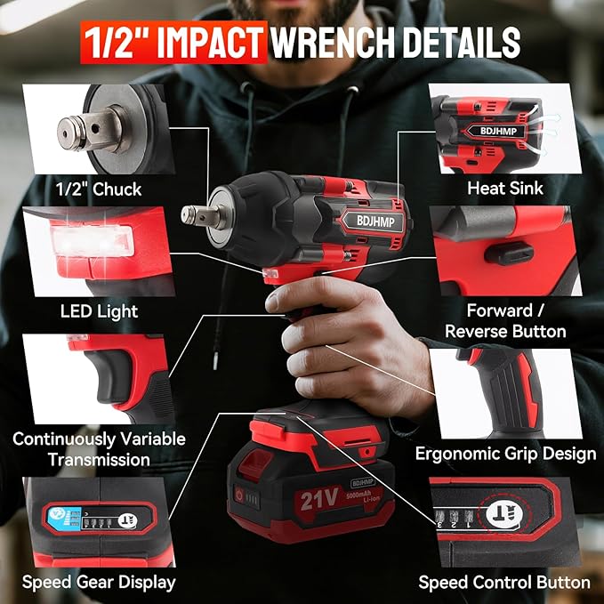 Cordless Impact Wrench 1/2 Inch, 1500 N.m/1106ft-lbs Brushless Impact Gun Compatible with Makita 18V Batteries, 3000 RPM Electric Power Impact Driver Set for Car Home(Red No Battery)