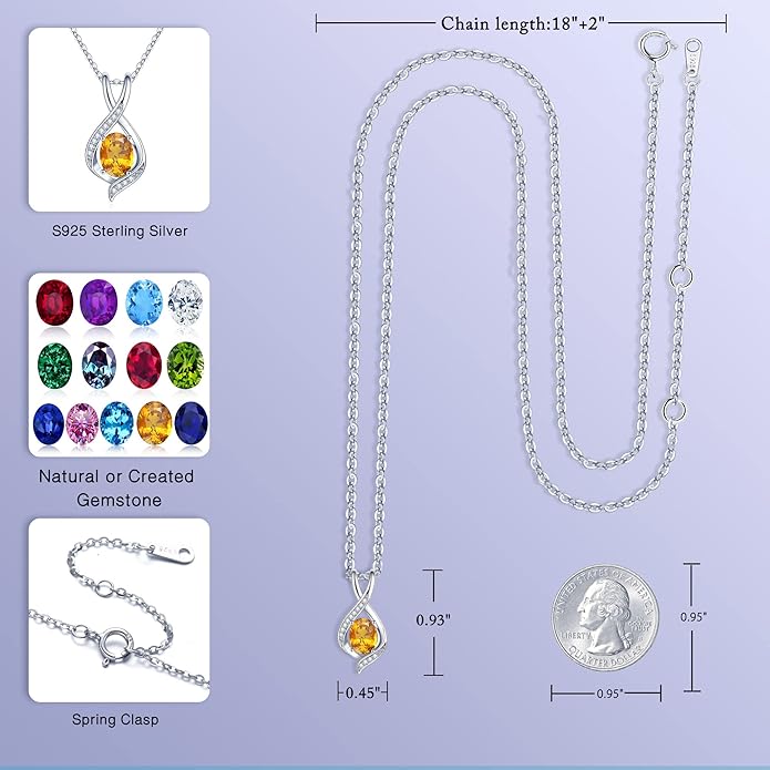 SMILEST Oval Sparkle Birthstone Pendant Necklace, 925 Sterling Silver Gemstone Pendant Anniversary Birthday Gifts for Women Wife Girlfriend Mom Grandma Birthstone Necklace for Women Jewelry Gifts