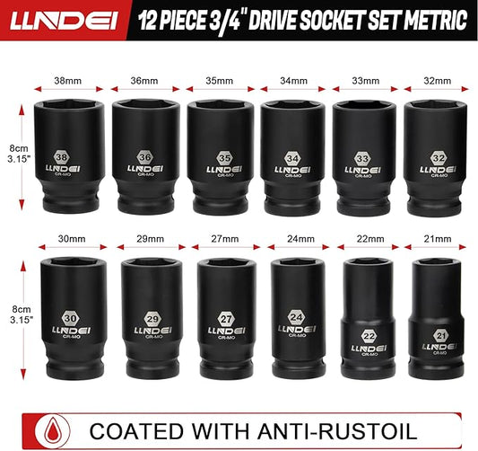 LLNDEI 3/4 inch Drive Impact Socket Set, 12 Piece Heavy Duty CR-MO Deep/Jumbo Sockets 6 Point Design, Metric 21mm-38mm, for Large Vehicle and Apparatus Maintenance