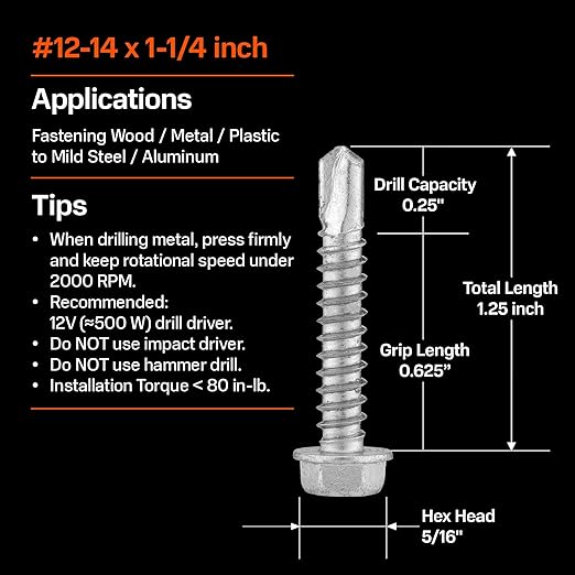 SUNKIN 80PCS Self Tapping Screws for Metal, Bi-Metal Stainless Steel 304 Rustproof, #12 x 1-1/4" Hex Head, Hardened Self Drilling Tip for Steel, Extreme Long Service Life