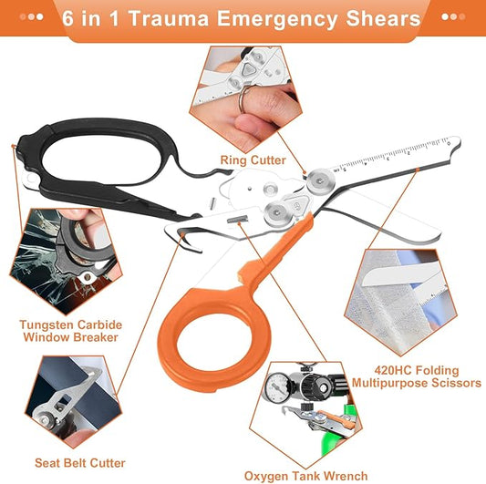 6-in-1 Multi-function Trauma Shears With Holster, Trauma Shears for Nurses Foldable, Heavy Duty Stainless Steel Scissors all Purpose, Outdoor Camping Rescue Scissors Tools(Orange+Black)
