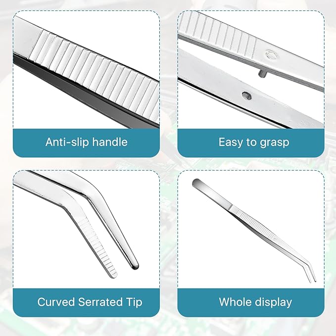 35 Pcs Carbon Steel Tweezers with Curved Serrated Tip, Multipurpose Craft Tweezers Non-Slip Forceps for Sewing Repairing