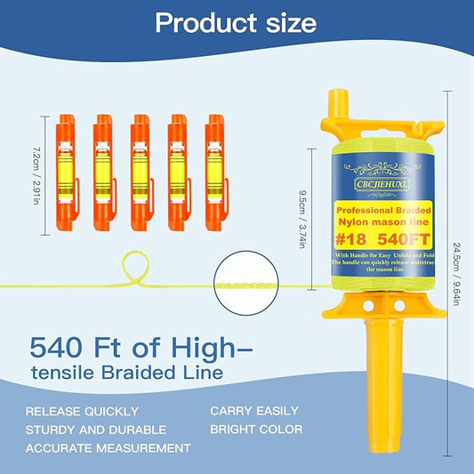 Mason Line with Handle #18, 540 Ft String, with 5 Built-in Levels and Spool Fluorescent String Line, Braided Nylon String for Gardening or Masonry Tools, Construction Twine for Outdoor Projects