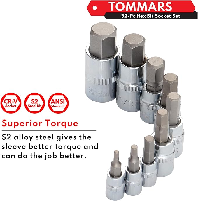 TOMMARS 32-PC Master Allen Hex Bit Socket Set, SAE & Metric Allen Hex Key Wrench Socket Set S2 Steel 1/4", 3/8", 1/2" Drive, H5/64 - H3/4 & H2 - H19