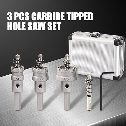 3PCS Carbide Hole Saw Kit, 7/8'' to 1-3/8'' Metal Hole Cutter with Pilot Drill, Holesaw for Hard Metal, Stainless Steel, Iron, Mild Steel, Aluminium, Alloy, Plastic, Fiberglass