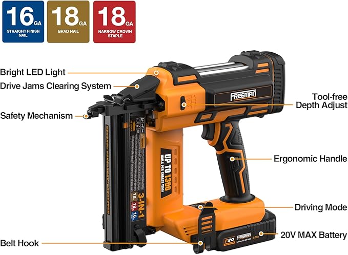 Freeman PE20V31618G 20 Volt Cordless 3-in-1 16 and 18 Gauge Nailer/Stapler Kit with Lithium Ion Battery, Charger, Bag, and Fasteners (600 Count) ??1300 Shots Per Charge