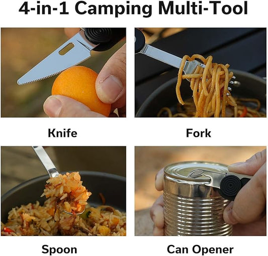 CIVIVI Partake 4-in-1 Camping Utensil, Detachable Stainless Steel Folding Knife, Fork, Spoon & Bottle Opener Multi-Tool, with Waxed Canvas Pouch for Travel Camping Hiking C24032C-1, Black