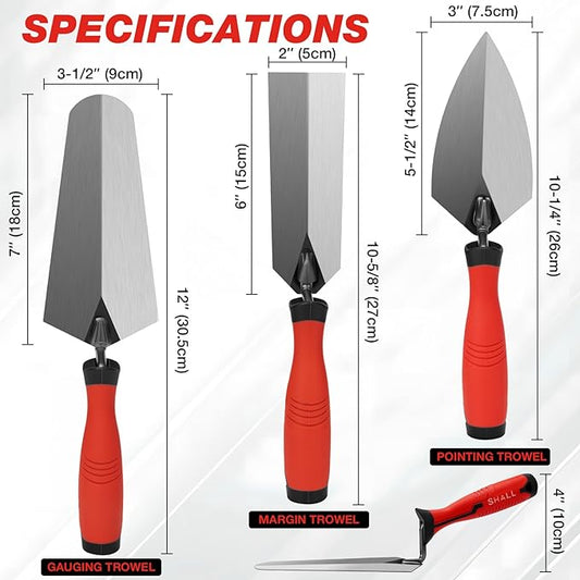 SHALL 3-Piece Masonry Tools Set, 6?쇺?Margin Trowel, 5.5?쇺?Pointing and 7?쇺?Gauging Trowel with Soft Grip Handle, Bricklaying Hand Tool for Concrete, Cement, Plaster, Tile Construction Projects
