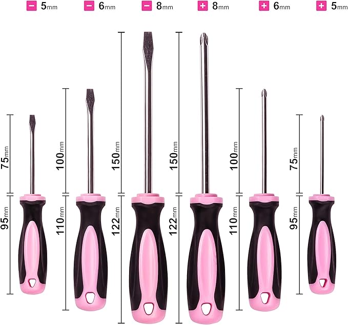 Pink Power Magnetic Screwdriver Set - 6 Piece Phillips Head and Flat Head Hand Pink Tool Set for Women & Ladies - Insulated Screwdriver Kit with Magnetic Tip - Screw Drivers Set