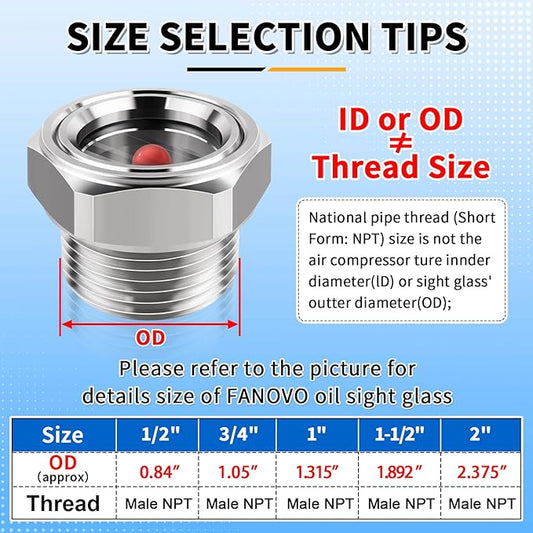 FANOVO 1" NPT Oil Sight Glass, 304 Stainless Steel Oil Sight Plug Featuring a Red Float Ball and High-Clarity Window for Air Compressors & Hydraulic Tanks