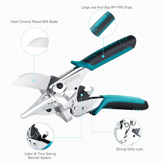 O?셎hine Ratchet Miter Shears for Angular Cutting Molding Crafting Wood, Quarter Round Cutting Tool, 45-135 Degree Multi Angle PVC Miter Shear Trim Cutter Hand Tool, An Extra Blade & Hex Key Included