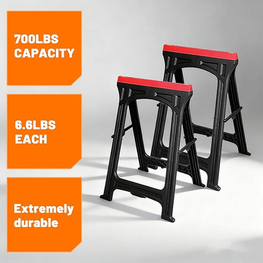 ZYJOYY Saw Horses 2 Pack Folding- 700LBS/Pair Capacity Heavy Duty Sawhorses, Weather-Resistant PP Folding Sawhorse Pack of 2, Portable Workhorse for Woodworking & DIY Projects