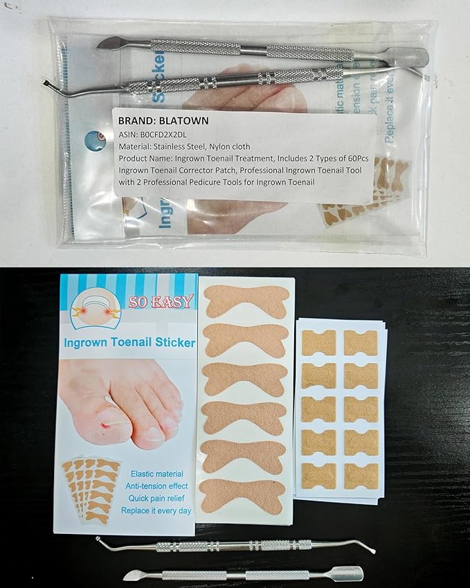Ingrown Toenail Correction Treatment Tool, 60Pcs Ingrown Toe nail Corrector Patch in 2 Types, Professional Safe Ingrown Toenail Tool with 2 Pedicure Tools for Ingrown Toenail Remover