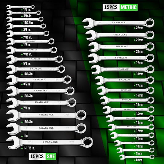 SWANLAKE GARDEN TOOLS 30-Piece Combination Wrench Set, Metric & SAE (8-22mm & 1/4??to 1-1/16??,12-Point Open End Standard Wrench Set, Mechanics Wrenches Sets, Chrome Vanadium Steel with Storage Rack
