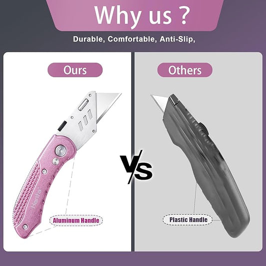 Box Cutter, Folding Utility Knife with Aluminum Handle, Heavy Duty Knife, Back-lock Mechanism, Stainless Belt Clip, for Carpet, Carton, Box, Cardboard, with 5-piece Extra Blades (Pink)