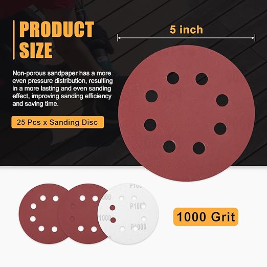 25 Pack 5 Inch Sanding Disc 1000 Grit 8 Hole Round Hook and Loop Sandpapers Fit for Orbital Sander Automotive or Cars Repairing, Grinding or Polishing, Red