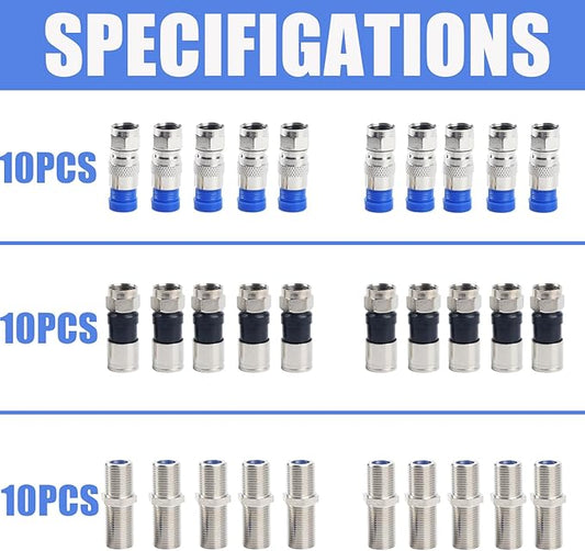 XINTAIHELE Coax Cable Crimper Kit Coaxial Compression Tool F RG6 RG59 75-5 75-7 Fitting Wire Coax Stripper 20PCS F Male And 10pcs Female Connectors