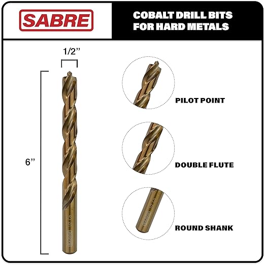 1/2 Inch Cobalt Drill Bits 5pcs Heavy-Duty Drill Bits for Steel, Hard Metal, Cast Iron (1/2" x 6")
