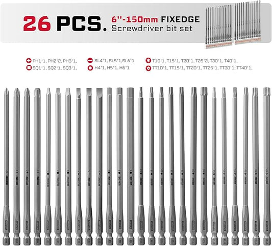26Pieces Fixedge Screwdriver bit set, 6 inches Magnetic Alloy Steel Phillips/Slotted/Square/Torx/Hex/Security Torx Insert Power Bits Tips with Storage Organizer for Home Repair