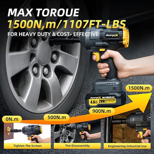 1500Nm Cordless Impact Wrench, 1107ft-lbs Brushless Impact Gun with 2x4.0Ah Battery,1/2" 20V High Torque Pistola De Impacto with 6 Socket & Extension Rod, Electric Taladros for Truck/Car/Mower