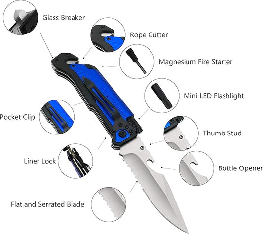 ALBATROSS Best 6-in-1 Survival Tactical Military Folding Pocket Knives with LED Light,Seatbelt Cutter,Glass Breaker,Magnesium Fire Starter,Bottle Opener;Multi-Function Emergency Tool(Blue-SA)