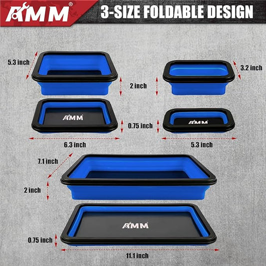 AMM Foldable Magnetic Parts Tray Set, 3 Different Size Magnetic Tool Trays for Bolts Screws Nuts & Small Metal Parts, Mechanic Tool Present for Men竊똁lue