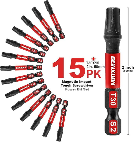 15 Pieces T30 Impact Tough Magnetic Screwdriver Bit Set, 2 In. #30 Torx Head Power Bit Set, S2 Alloy Steel T30 Star Bit Set