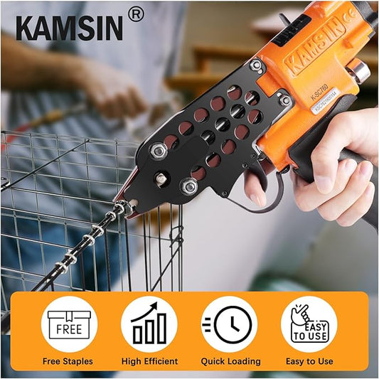 K-SC760 16 Gauge Pneumatic Hog Ring Gun with 1000PCS Hog Ring Staples, 1/2-Inch Crown, 3.0-4.8mm Closure Diameter Hog Ring Pliers C Ring Gun for Mattress, Fencing, Wire Cages