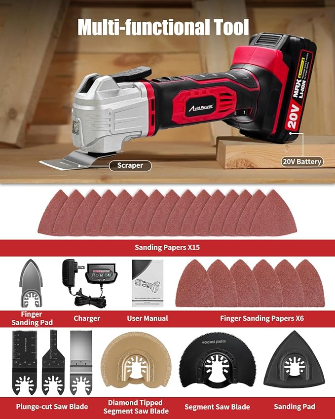 AVID POWER Cordless Oscillating Tool 20V Battery Powered Oscillating Multitool with 2.8째 Oscillation Angle, Variable Speed Oscillating Saw w/ 31Pcs Accessories for Scraping/Cutting & Sanding