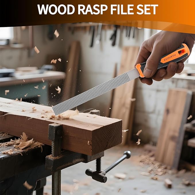 KUZURYU Woodworking Rasp Set – 3PCS Multi-Shape Precision Wood Files(Flat, Half-Round, Round) with Ergonomic Handles for Carpentry, DIY, and Wood Restoration