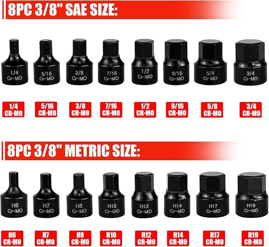 C&T 16 Piece 3/8-Inch Drive Low Profile Impact Hex Driver Set,SAE/Metric,1/4 Inch - 3/4 Inch, 6mm - 19mm, Cr-Mo Steel, Hex Bit Socket Set, Heavy Duty Storage Case