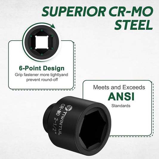 2-1/2" Impact Socket 1" Drive, 6 Point Design, CR-MO, ANSI Certified, Large & Spindle Nut Socket 1 Inch Drive for Heavy Truck, Construction, Oilfield & Equipment Service