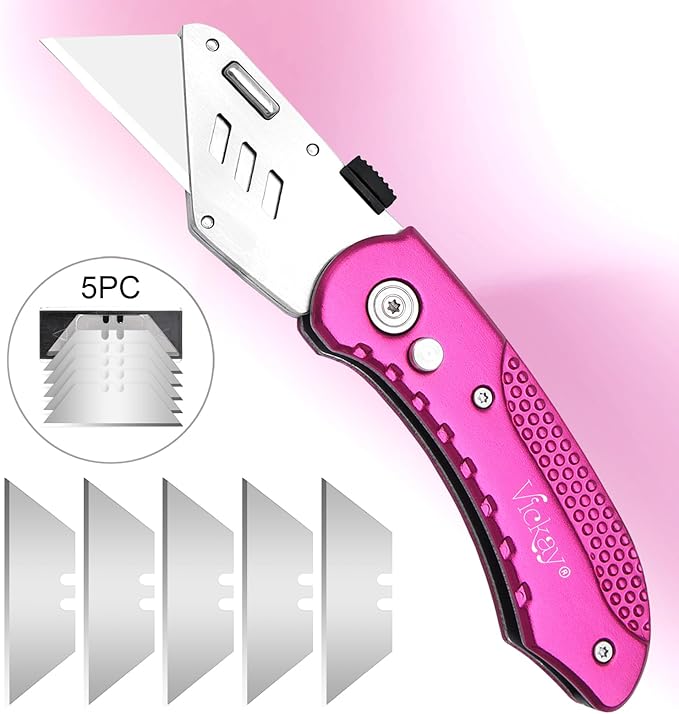 Vickay Folding Utility Knife, Box Cutter with 5 SK5 Quick Change Blades, Safety Axis Lock Design Razor Knife, Lightweight Aluminum Handle Belt Clip for Office Home Artcraft (Hot Pink)