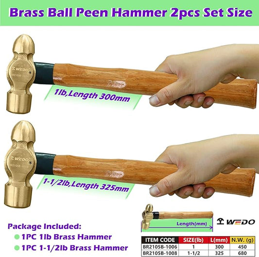 WEDO 2PCS Brass Ball Peen Hammer Set, 16 oz+24 oz(1lb+1-1/2lb), Brass Ball Pein Hammer Set with Wooden Handle, Die-Forged, Corrosion Resistant, DIN Standard