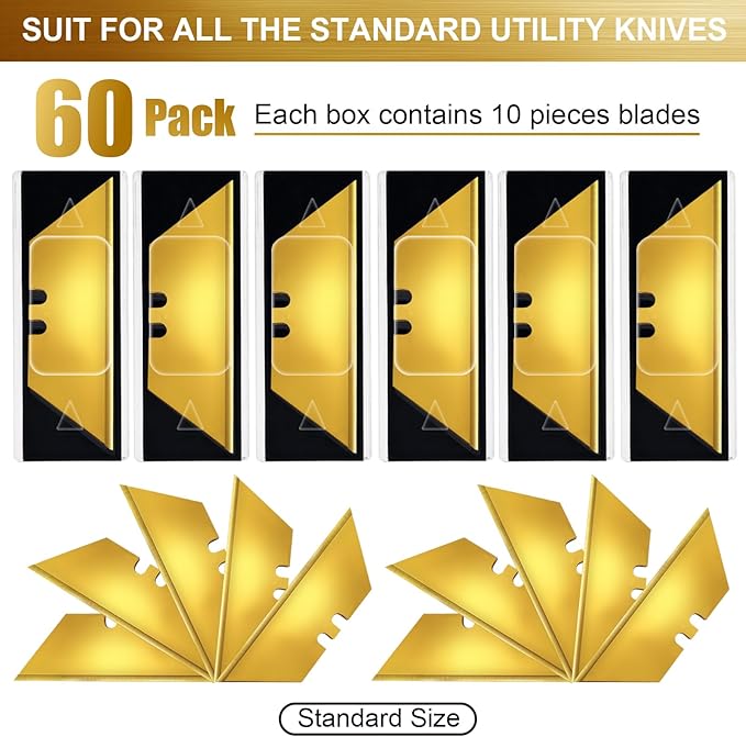 Vickay 60 Pack Utility Knife Blades, Box Cutter Blades, SK2 Razor Blades, Titanium Fully Coating, Refilled Blades for Box Cutter Utility Knife, Replacement Blades with plastic dispenser box
