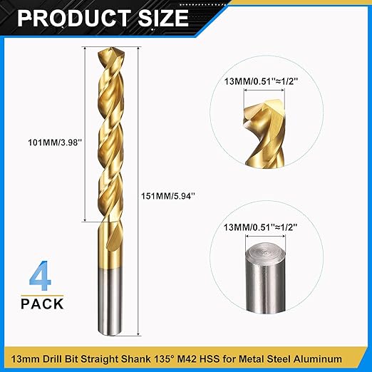 PATIKIL 13mm Drill Bit, M42 8% Cobalt High-Speed Steel Jobber Straight Shank 135° Titanium Nitride (TiN) Coated for Hard Metal Stainless Steel - 4 Pack