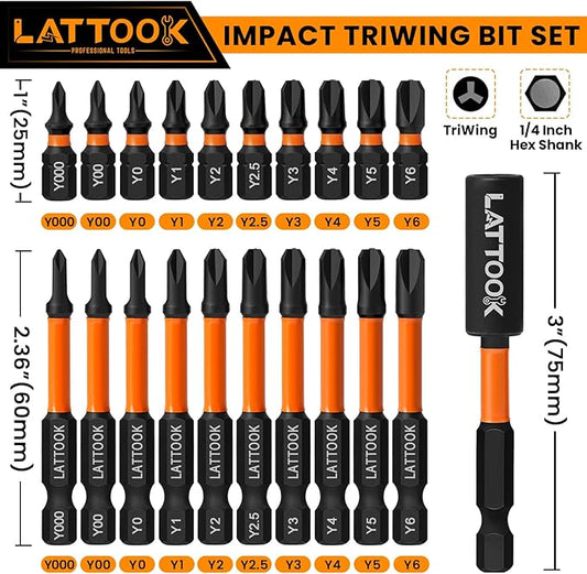 Impact TriWing Bit Set, LATTOOK 21-Pieces Triwing Screwdriver Bits Set 3 Point Y-Shaped Y Tip Screwdriver Bit, Magnetic S2 Steel, Y000, Y00, Y0, Y1, Y2, Y2.5, Y3, Y4, Y5, Y6