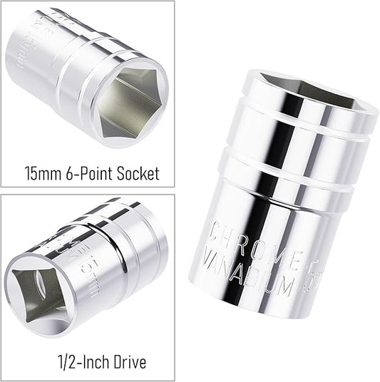 15mm Shallow Socket, 1/2 Inch Drive, 6-Point, Metric, Heat Treated CR-V Steel Short Sockets, Full Polishing, 1.5 Inch Length