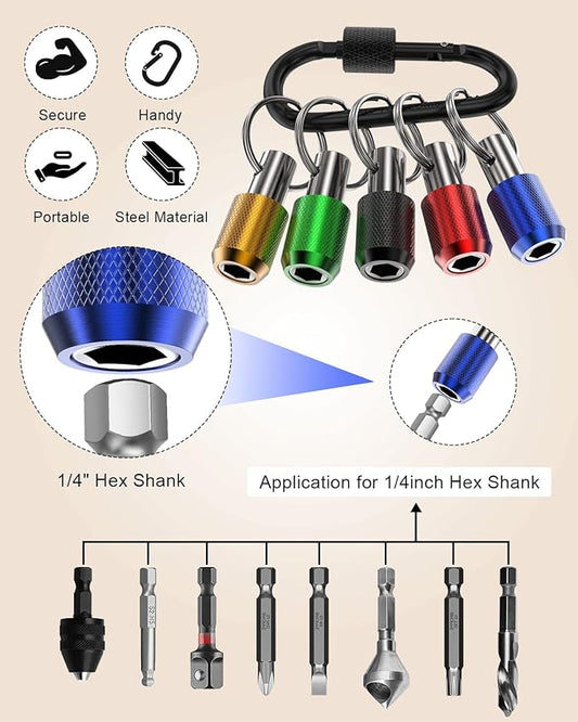 Tool Gifts, Upgrade, Steel Material, Katerk 5PCS 1/4 Inch Hex Shank Screwdriver Bits Holder Extension Bar Screw Adapter Drill Handy Heavyduty Keychain Bit Holder for Electric Screwdrivers, 5 Colors