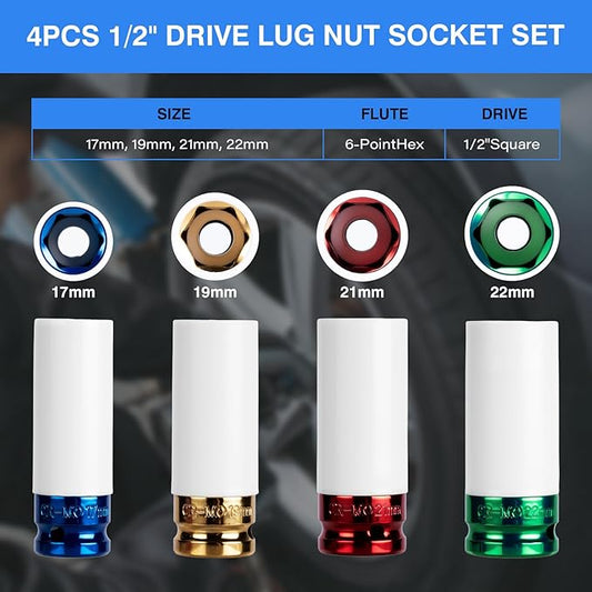 1/2" Drive Wheel Protector Impact Socket, Non-Marring Lug Nut Thin Wall Deep Socket Set, CR-MO, 6 Point, Color-Coded Protective Socket | Metric 17 19 21 22 mm (4 PCS)