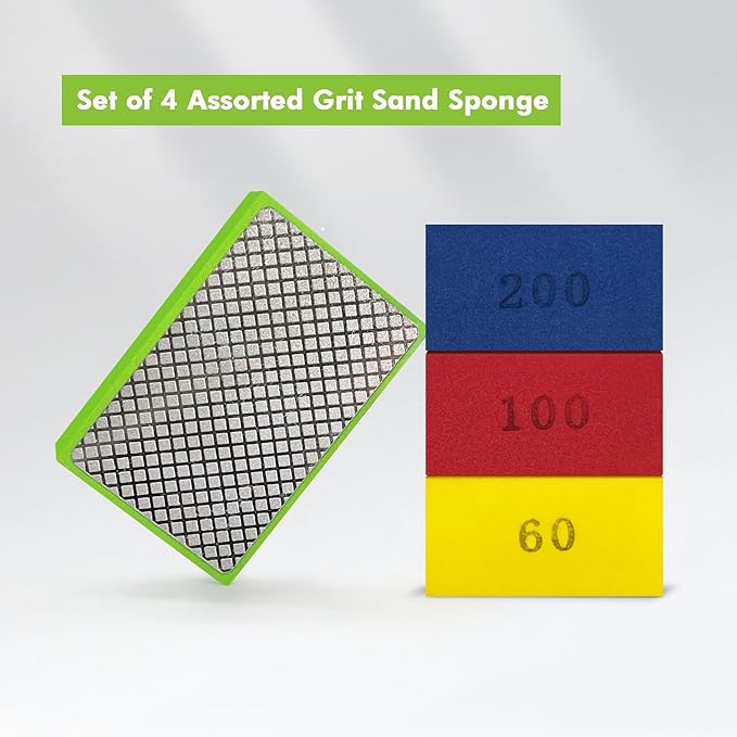 Diamond Hand Polishing Pads, Diamond Sanding Pads for Ceramic Tile Glass Stone Granite Wood Marble Metal, 4PCS Foam Backing Grinding Blocks Grit 60#,100#,200#,400#, Tile Tools