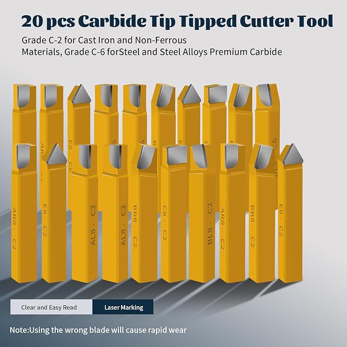 20 pc 1/4" Carbide Tip Tipped Cutter Tool,Metal Lathe Cutting Tools,Lathe Tools Metal Cutting for Metal Lathe Turning, Boring, and Chamfering