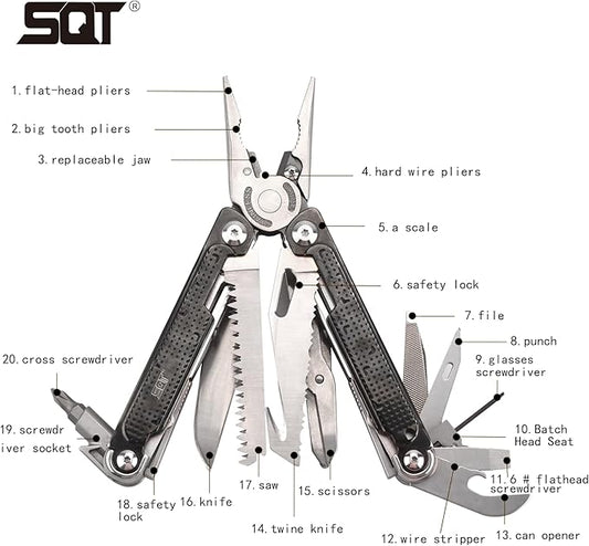 SQT Multitool, Gifts for Men, Foldable & Self-Locking, Professional Multitool for DIY, Outdoor Camping, and Home Repairs... (SQT2048-Black)