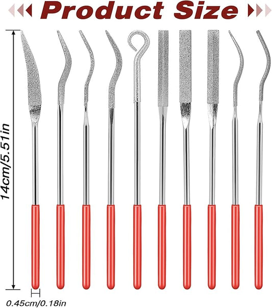 KALIONE 10Pcs Small File Set Diamond Needle File Set, Curved Files Tool, Mini Metal File Diamond File, Miniature and Model Files, File Jewelry Stone Carving Tools(140mm/5.5inch)