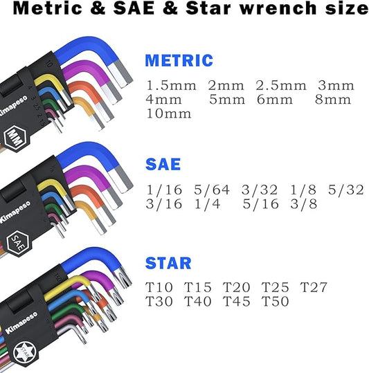 27 PCS Allen Key Set Torx SAE Metric Allen Wrenches Set Long Arm Ball End Hex Key Wrench Sets with T-Handle L-Hex Key Set Metric 1.5 to 10mm SAE 1/16 to 3/8??Torx T10 to T50