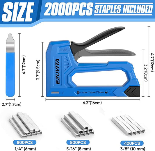 EZUVITA Light Duty Staple Gun for Wood, Blue Upholstery Staple Gun Kit with 2000pcs JT21 Staples 1/4, 5/16, 3/8 inch and Staple Remover, Stapler Gun for Crafts, DIY, Classroom, Decoration