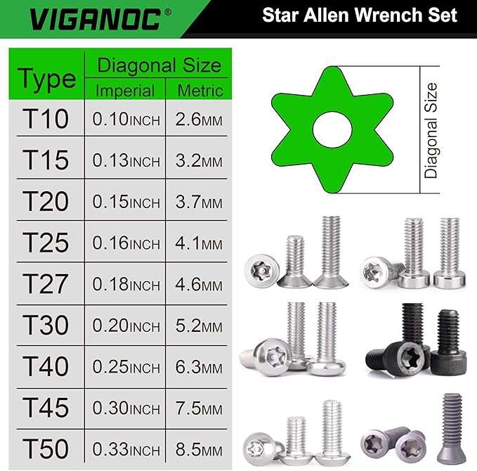 Viganoc Chrome Vanadium Steel Long Arm Torx Star Allen Wrench Set, T10-T50, 9-Piece
