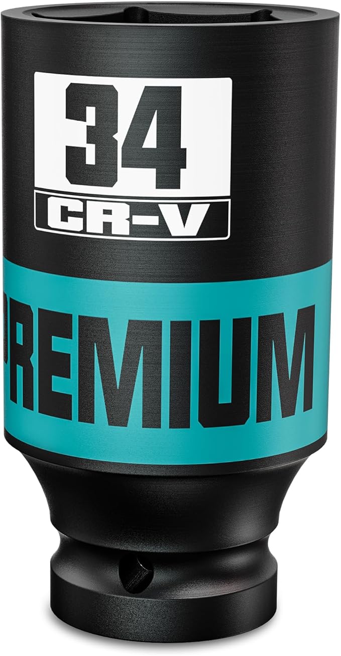 1/2" Drive Impact Socket, 34mm Deep Socket, Metric, 6 Point, CR-V, Perfect for Home, Mechanic and Repair Project