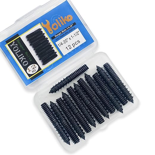 12 Pack 1/4-20 x 1-1/2 Inch Black Hanger Bolts 1/4-20" Double Headed Bolts 1/4 Wood Dowel Screw Self-Tapping Screw Hanger Bolts for Furniture Screws Double Screw Threaded Rods Bolt 37mm Length