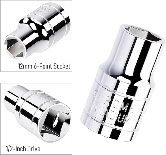 12mm Shallow Socket, 1/2 Inch Drive, 6-Point, Metric, Heat Treated CR-V Steel Short Sockets, Full Polishing, 1.5 Inch Length